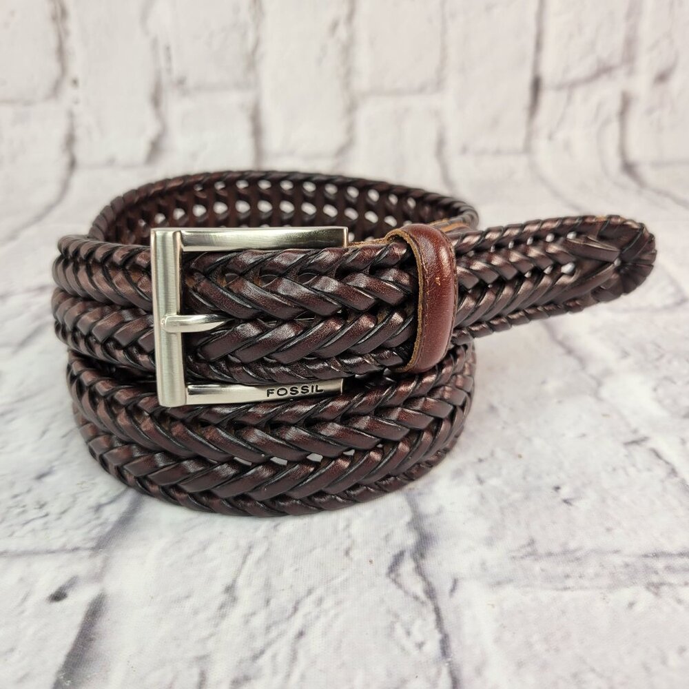 Vintage Fossil Braided Leather Belt Sz 44 Brown With Silver Tone Buckle Mint